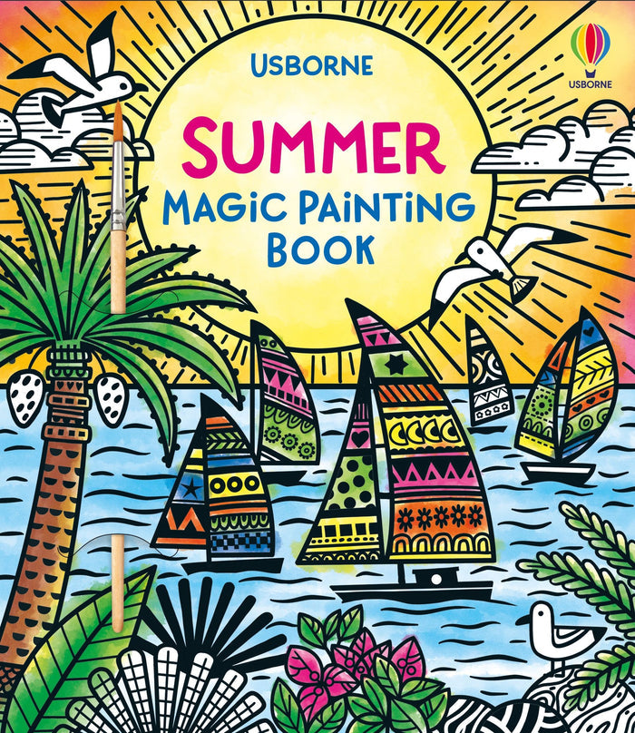 Colorful book cover with sailboats, a palm tree, and a large sun, featuring an included wooden paintbrush.