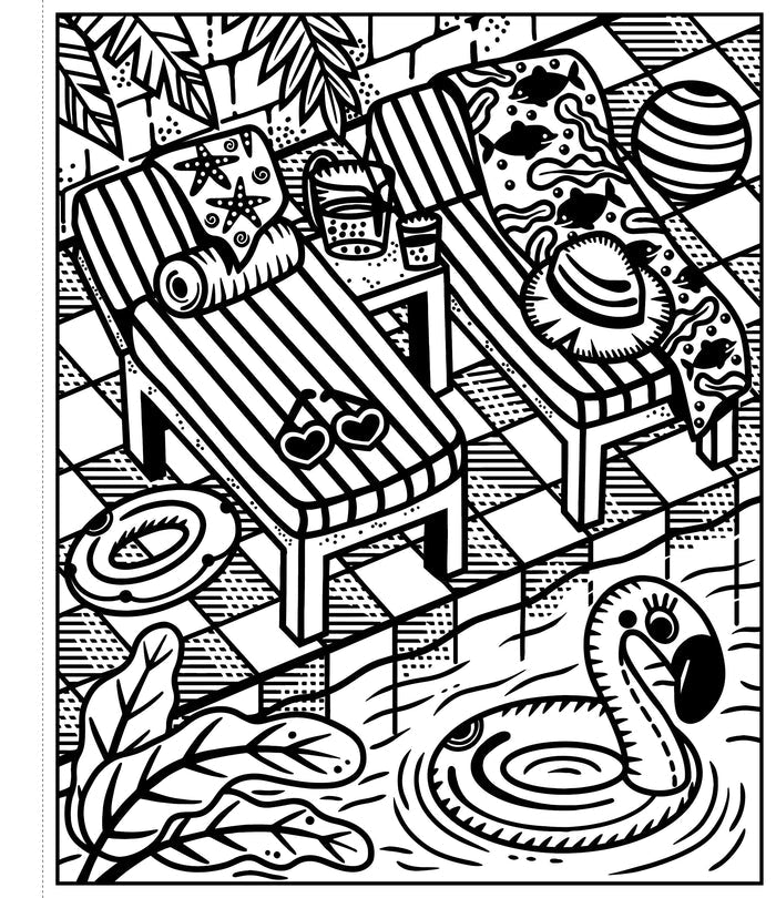 Black and white line art of a poolside scene with striped lounge chairs, heart sunglasses, and a flamingo pool float.