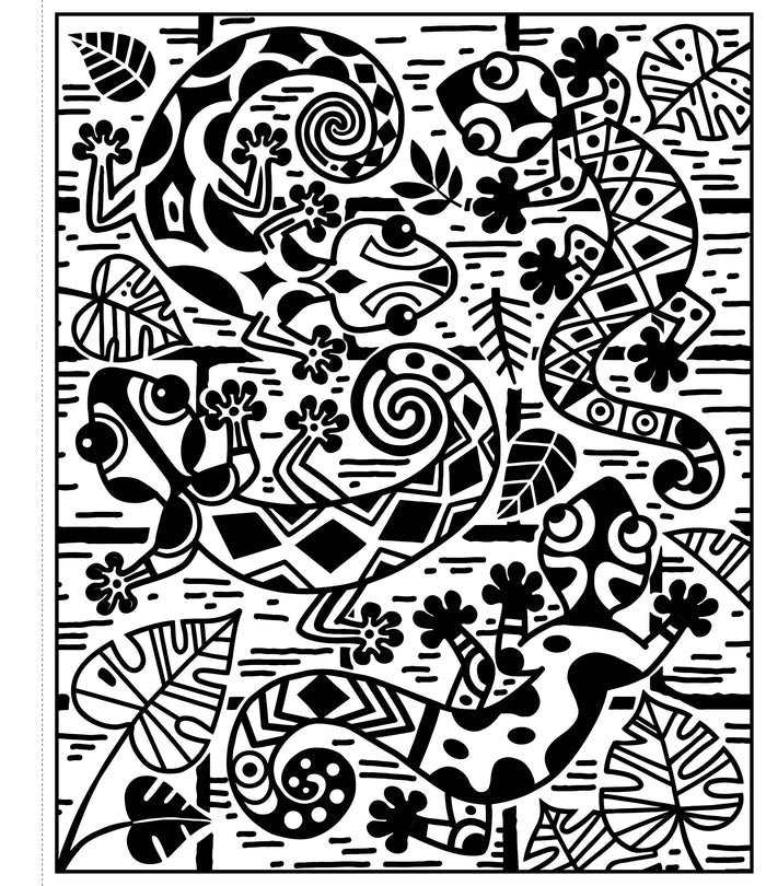 Black and white line art of four geckos with geometric patterns and tropical leaves.