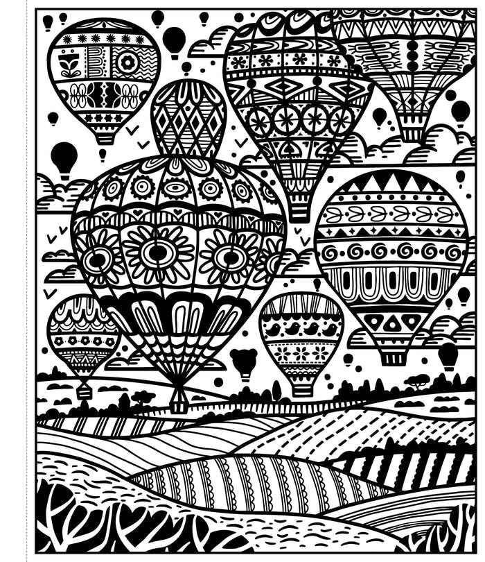 Black and white line drawing of intricately patterned hot air balloons floating above a rolling landscape.