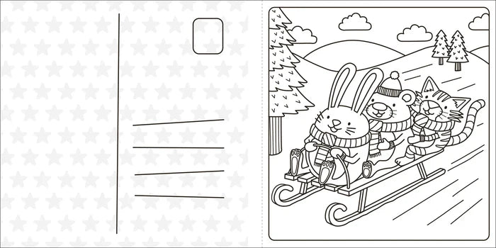 Black and white coloring page with a postcard template and a winter scene of a bunny, bear, and cat on a sled.