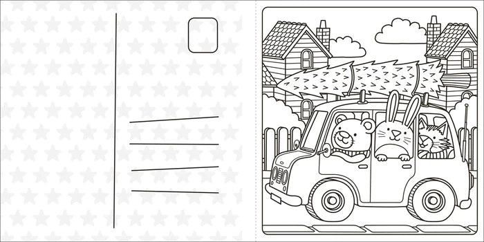 Black and white coloring postcard showing cute animals in a car with a Christmas tree next to an address template.