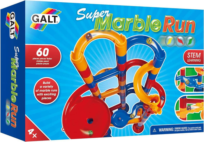 Blue box for a 60-piece marble run with colorful curved tubes, stairs, and a large red funnel.