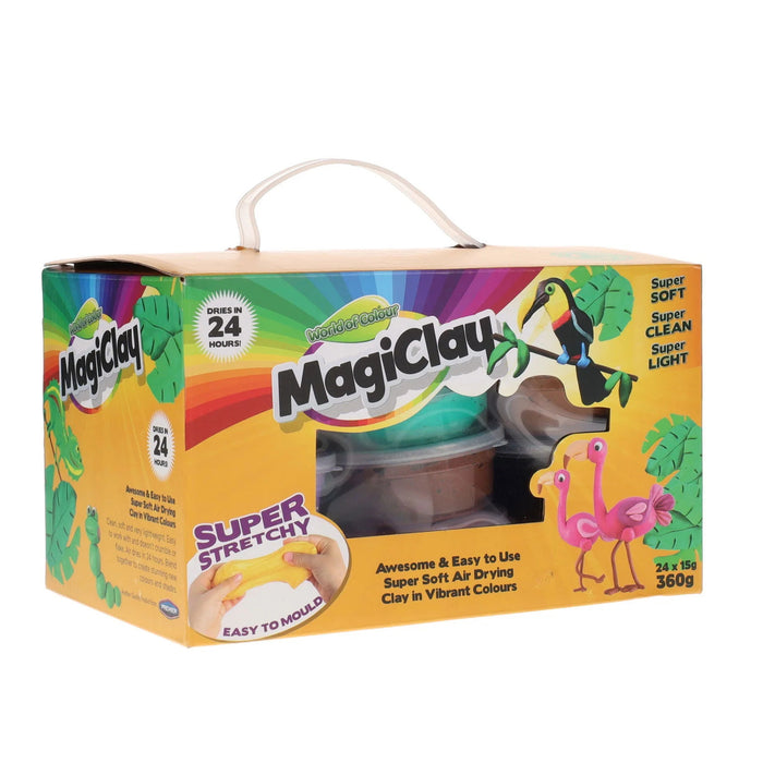 MagicClay box with a clear window showing colorful tubs, a handle, and illustrations of a toucan and flamingos.