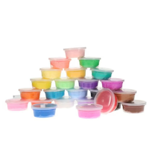Pyramid stack of small clear plastic tubs filled with various bright colors of modeling clay.