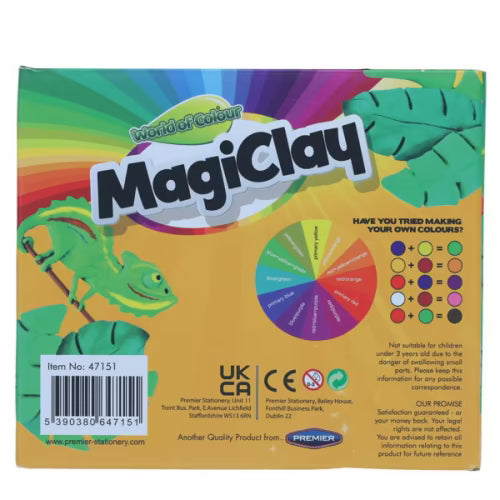 Yellow box back for Magic Clay featuring a green clay chameleon, a color wheel, and a color mixing guide.