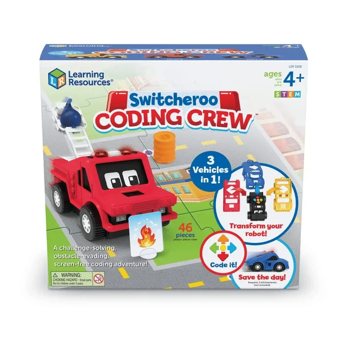 Box showing a red programmable toy truck on a puzzle track with blue and yellow vehicle shells and coding buttons.