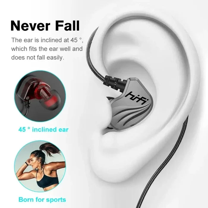 T2000 Waterproof Sports Binaural Wired Headset HIFI Metal Bass Earbud in ear highlighting 45 degree fit, ideal for sports