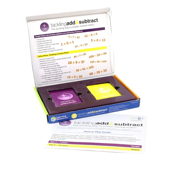 Open math game box featuring purple and yellow card decks, instruction sheet, and equations on the lid.