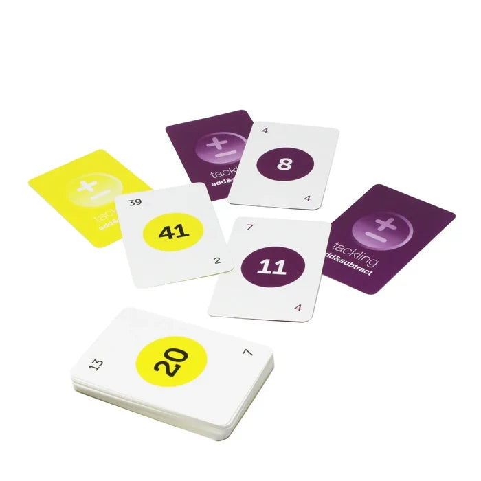 Scattered white cards with numbers in circles and purple and yellow cards with plus and minus mathematical symbols.
