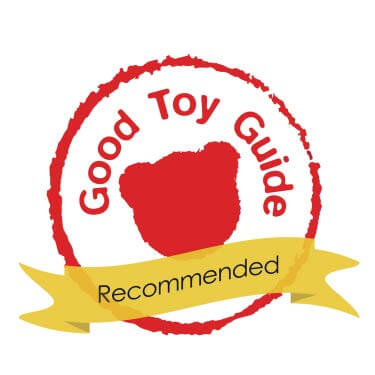 Circular red stamp logo for Good Toy Guide Recommended with a bear head silhouette and yellow banner.