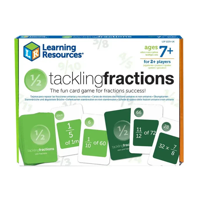 Green and white box for Tackling Fractions card game with sample cards featuring unit and non-unit fractions.