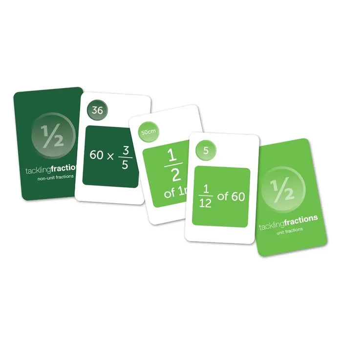 Five green and white cards showing fraction equations like 60 x 3/5 and 1/12 of 60 with circled answers.