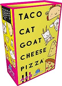 Yellow box with pink borders, bold black text, and cartoon illustrations of a taco, cat, goat, cheese, and pizza slice.