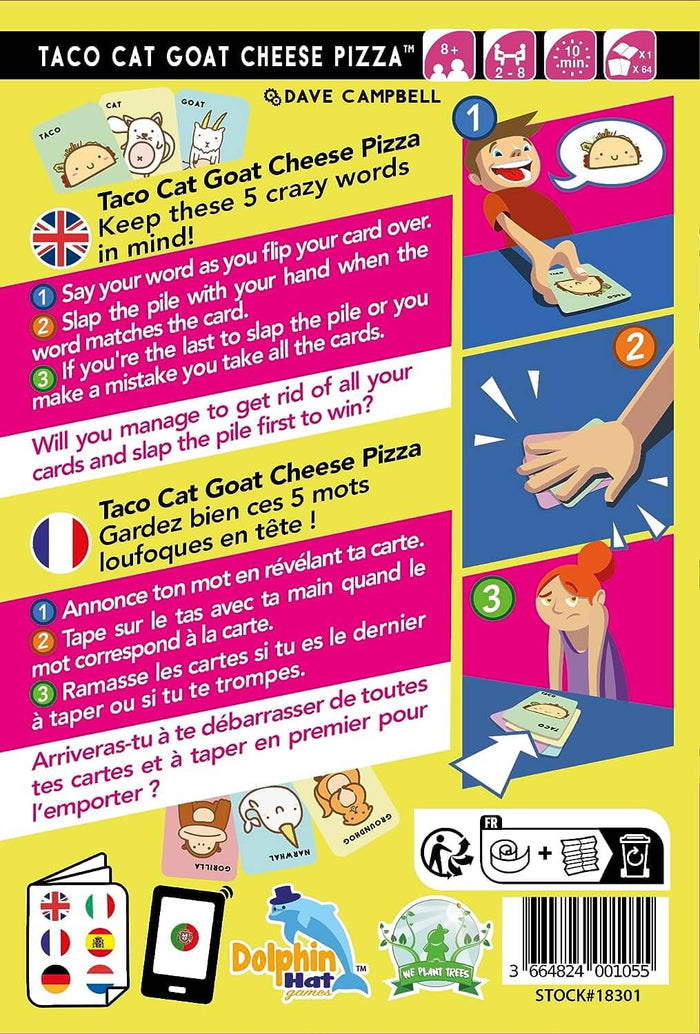 Back of a colorful pink and yellow card game box with illustrated instructions, cartoon characters, and cute animal icons.