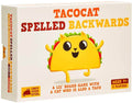 White board game box with orange text and a smiling yellow cartoon taco with a cat face, ears, and tiny arms and legs.