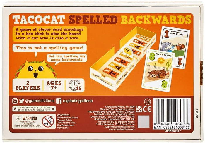 Back of orange rectangular game box with cartoon taco cat, sample cards, palindrome tiles, and gameplay details.