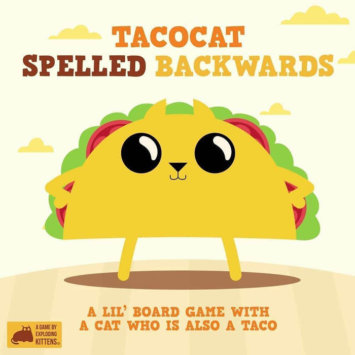 Yellow cartoon taco with a cat face, big black eyes, and thin legs, below orange text on a cream background.