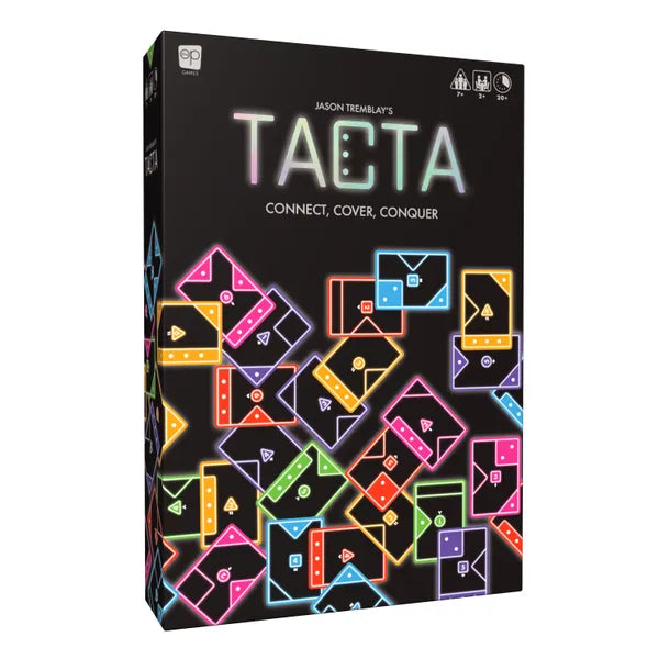 Tacta board game box featuring vibrant neon tiles with geometric icons and numbers on a black background.