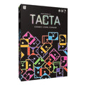 Tacta board game box featuring vibrant neon tiles with geometric icons and numbers on a black background.