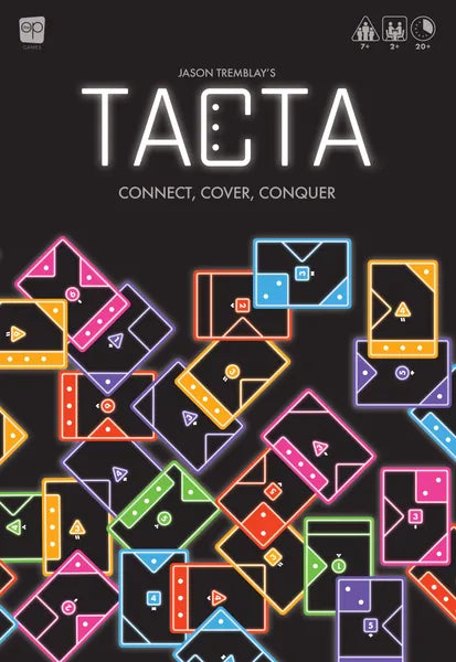 Black board game box featuring glowing white title text and colorful neon-bordered cards in pink, blue, and orange.