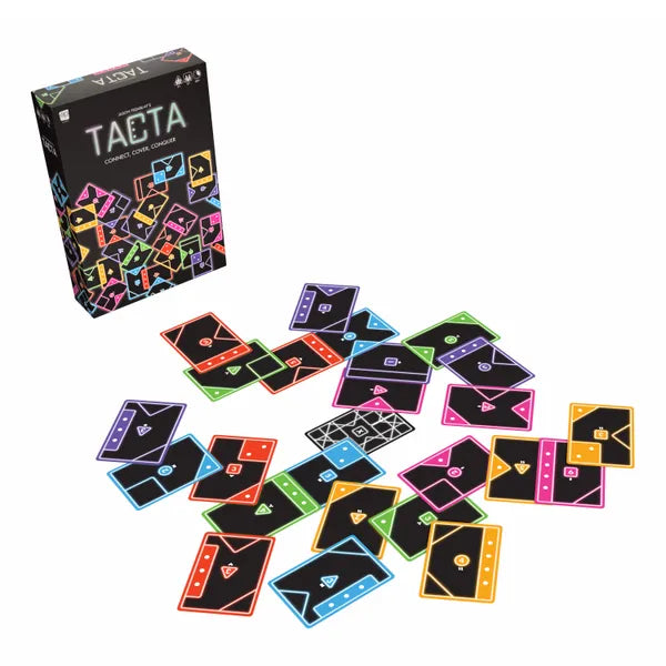 Black game box and scattered cards with vibrant neon borders, geometric icons, and numbers on a white background.