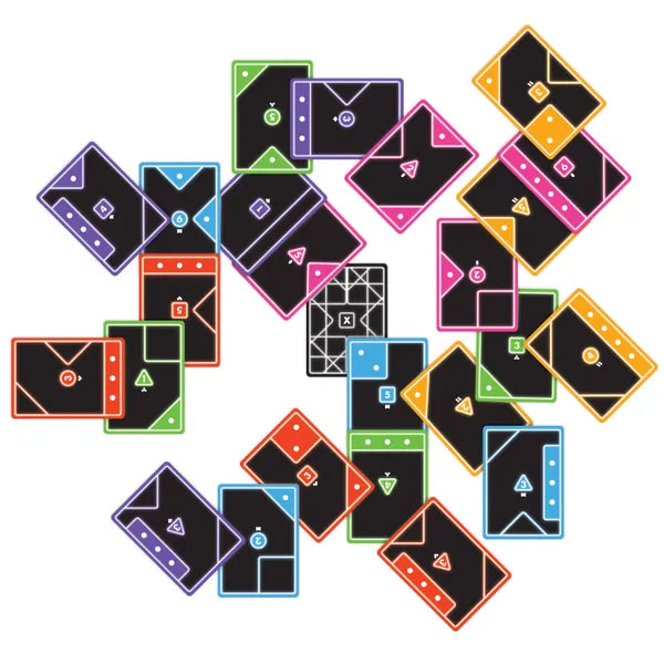Scattered black game cards with vibrant colored borders, featuring minimalist geometric shapes and numbers.