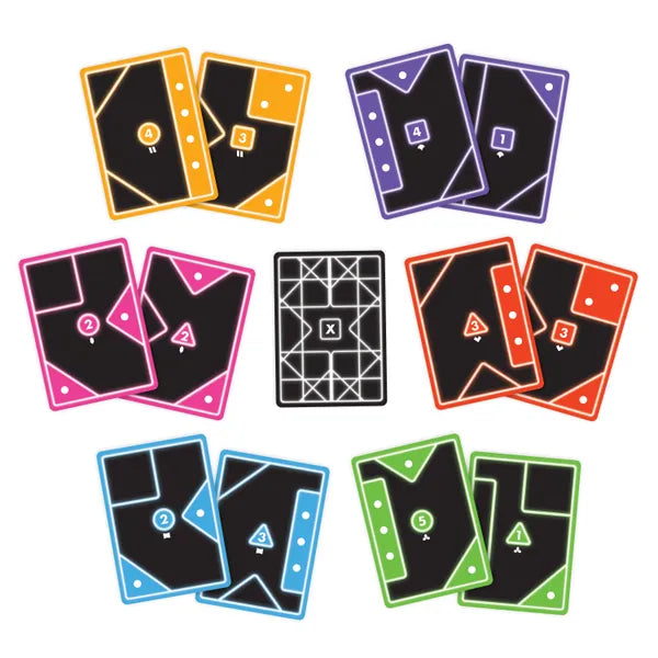 Six pairs of colorful cards with geometric shapes and numbers surrounding a central black card with a white X.