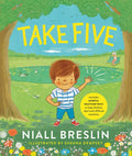 Cover of Take Five book showing a boy waving in a park with a pond, trees, and flowers.