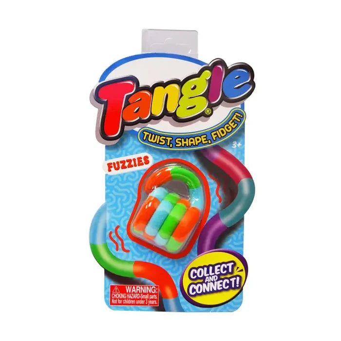 Multi-colored fuzzy fidget toy with orange, green, and blue curved segments in a bright blistercard package.