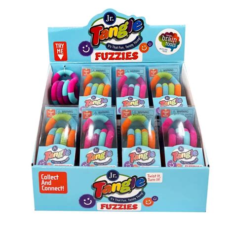 Blue retail display box with colorful, fuzzy, twisty sensory toys in individual clear blister packs.