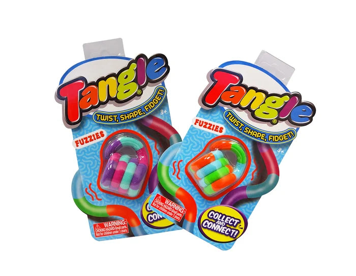 Two fuzzy fidget toys in blue blister packs with colorful, interconnected segments in bright neon colors.