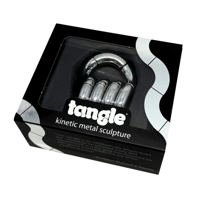 Shiny chrome segmented metal ring inside a black display box with a clear window and wavy white patterns.