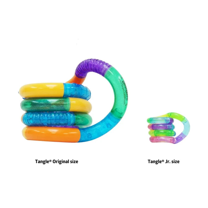 Colorful Tangle toy in original and Jr. size on a white background