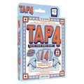 Light blue and orange box for the TAP4 card game featuring a strategy icon and two bird illustrations.
