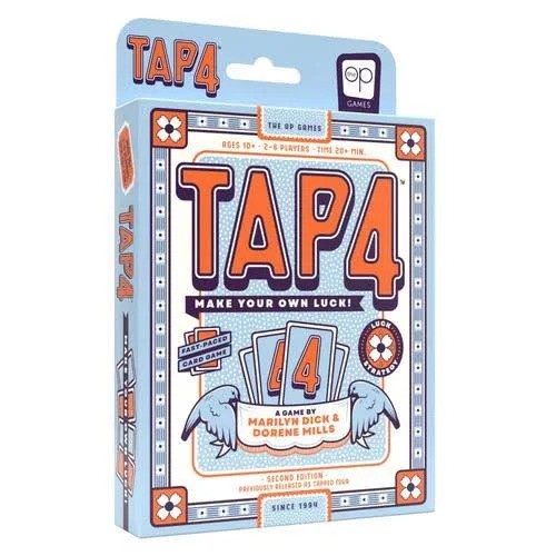 Light blue and orange box for the TAP4 card game featuring a strategy icon and two bird illustrations.