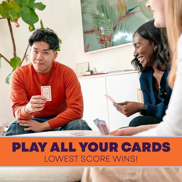Three friends playing a card game. Text on an orange banner reads: Play all your cards, lowest score wins.