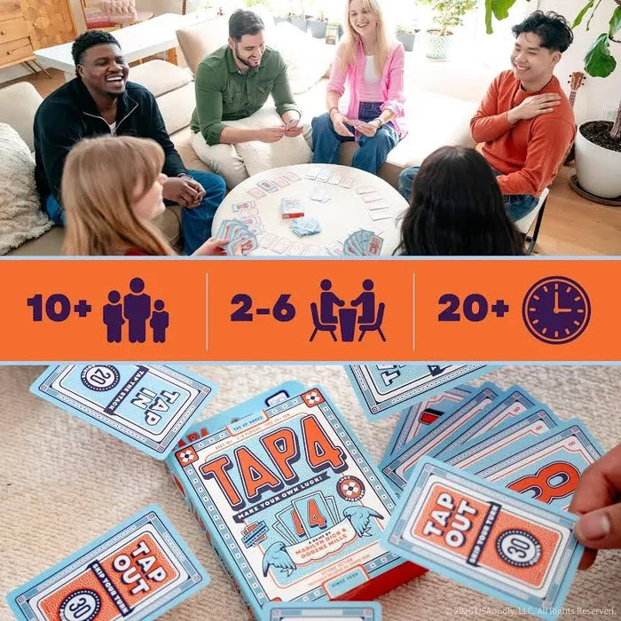 Friends play a game above icons and a white Tap 4 box surrounded by blue, red, and orange action cards.