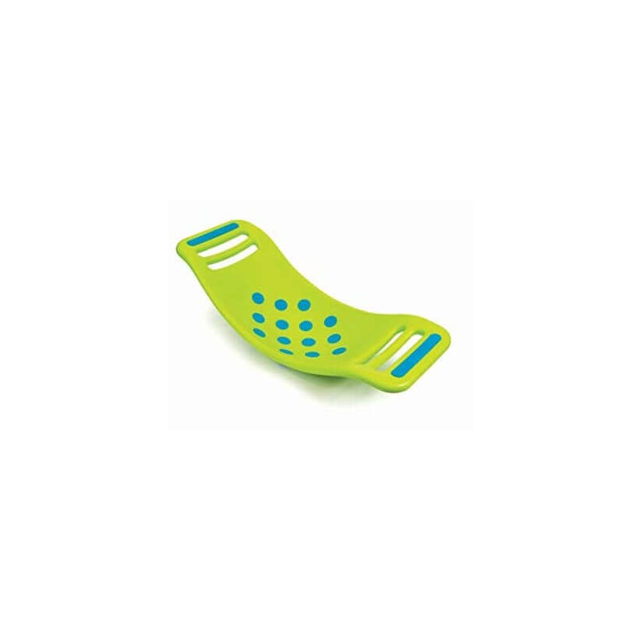 Lime green curved rocker board with blue suction cups on the concave side and handles at both ends.