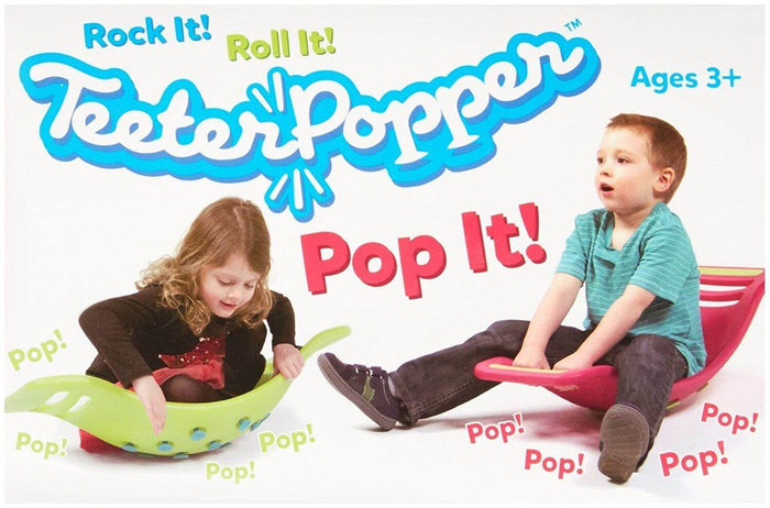 Two children rock on pink and green Teeter Popper boards, curved toys with suction cups that pop on the floor. Ages 3+.
