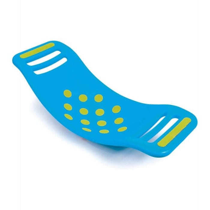 Curved bright blue plastic board with lime green handle grips and suction cups visible on the underside.