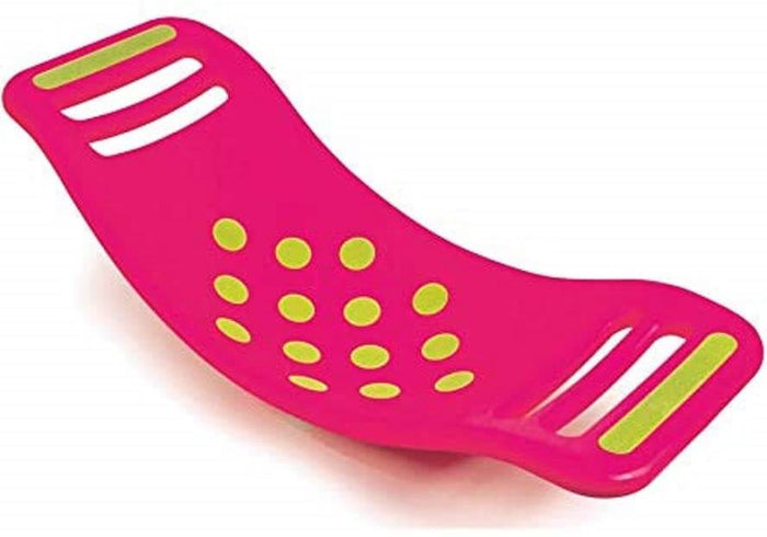 Bright pink curved balance board with lime green suction cups on the bottom and handles at each end.