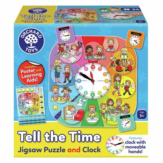 Blue Orchard Toys box showing a circular clock puzzle with colorful scenes of children's daily routines and a poster.