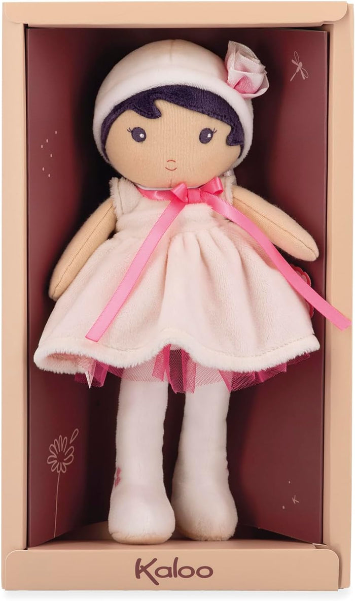 Soft rag doll with purple hair, pink dress, and rose-accented hat in a burgundy gift box with Kaloo branding.