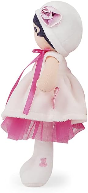Soft plush doll in a white dress and pink tulle skirt, wearing a white hood with a pink rose flower.