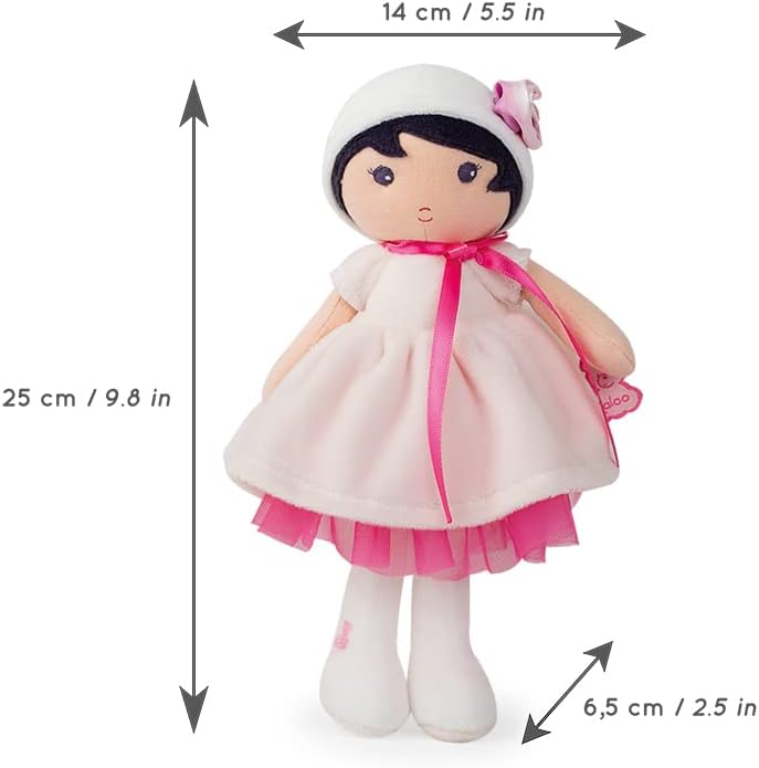 Plush doll in a white dress and hat with pink flower. Graphic arrows show its height, width, and depth dimensions.