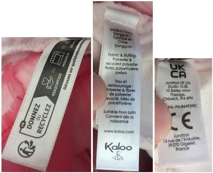Close-up shots of labels on a pink Kaloo plush toy, showing materials, safety marks, and manufacturing information.