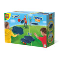 Box for a 2-in-1 game showing kids playing with blue circular mesh discs and a red ball on a bright green field.