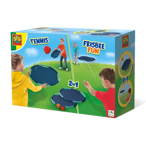 Box for a 2-in-1 game showing kids playing with blue circular mesh discs and a red ball on a bright green field.