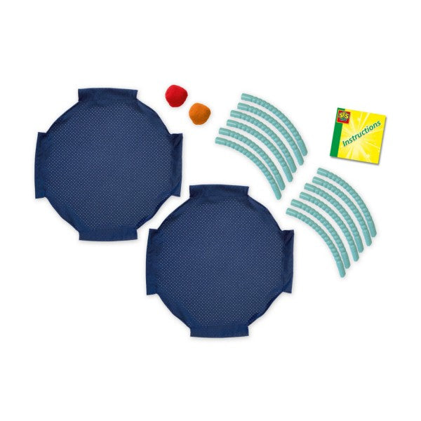 Two blue mesh nets, red and orange balls, light blue curved frame pieces, and a yellow instruction booklet.